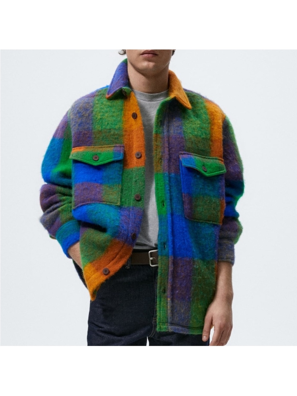 ZARA Men’s Wool Blend colorful and bright Plaid Overshirt Shacket Size Large